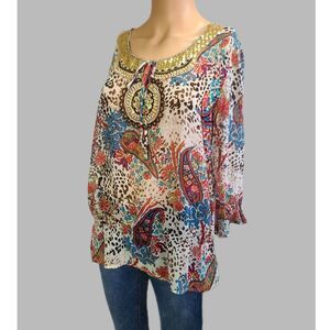 Y2K Valerie Stevens Petite PM Sequin Beaded Paisley Animal Print Tunic Blouse